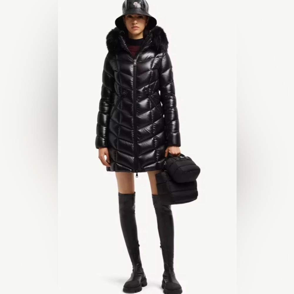 NWT Moncler black Fulmarus Faux Fur-Trimmed Hooded 3/4 Down Jacket sz 4